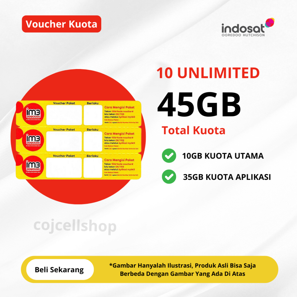 Voucher Kuota IM3 UNLIMITED 45GB 30 Hari Full 24 JAM - Voucher Kuota Indosat 45GB Masa Aktif 30 Hari