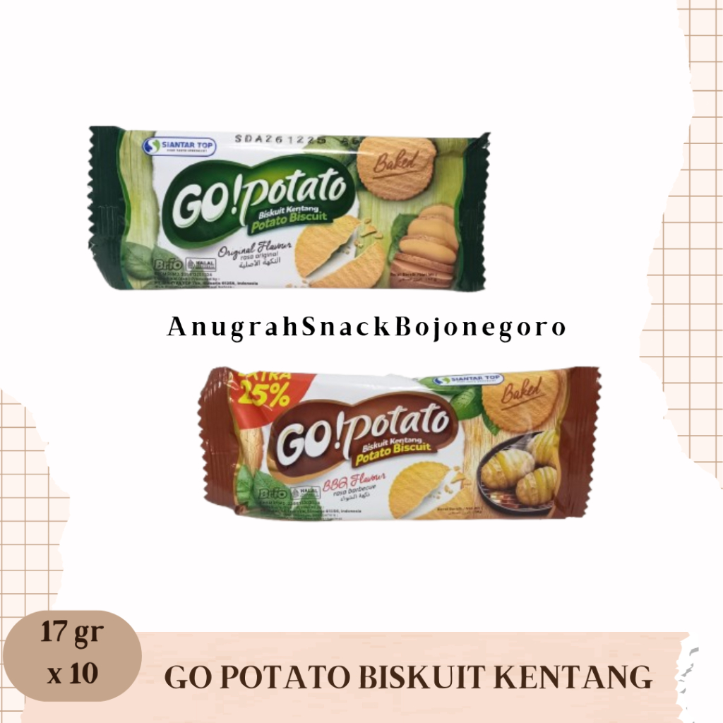 

Brio Go Potato Biskuit Kentang Renceng 17gr x 10 (Rasa Original / BBQ)