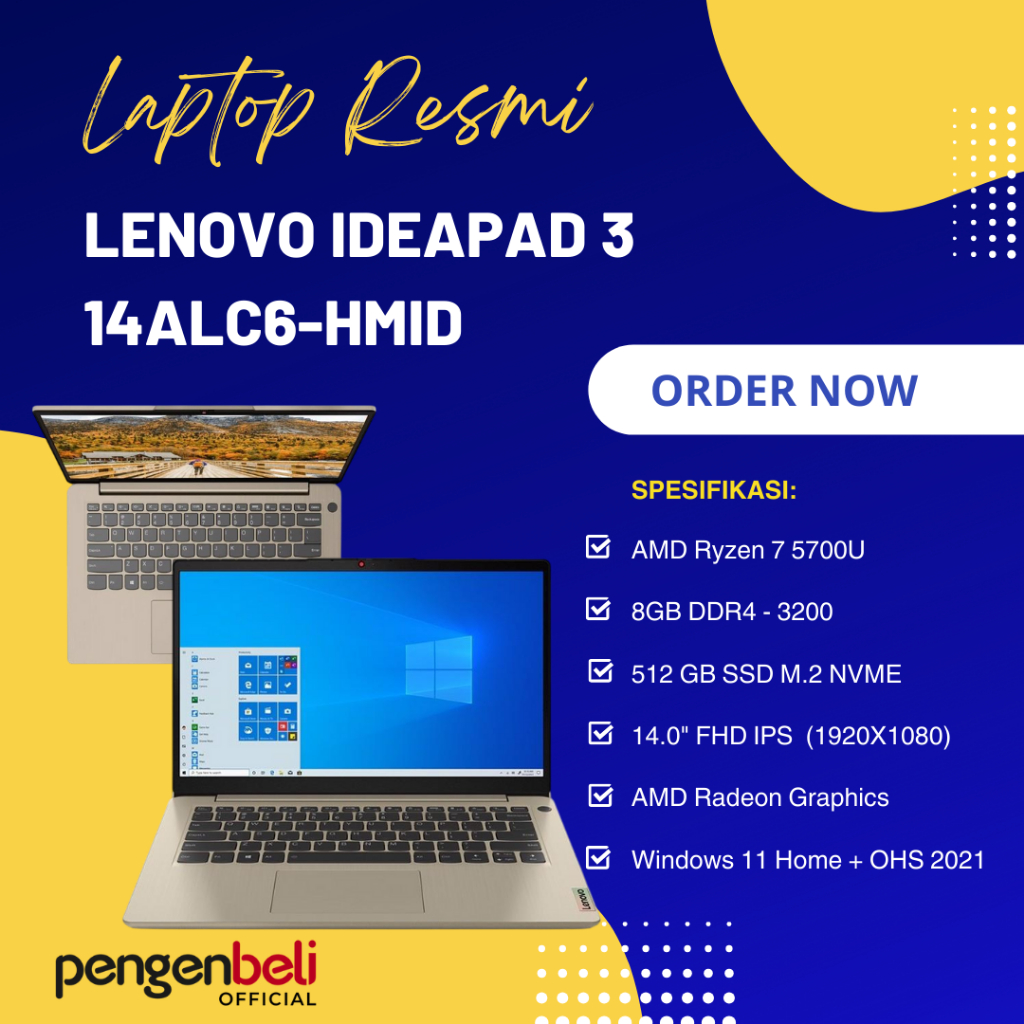 Garansi Resmi - Lenovo Gaming Ideapad 3 14ALC6-HMID - AMD Ryzen 7 5700U - Ram 8GB - SSD 512GB - 14" 