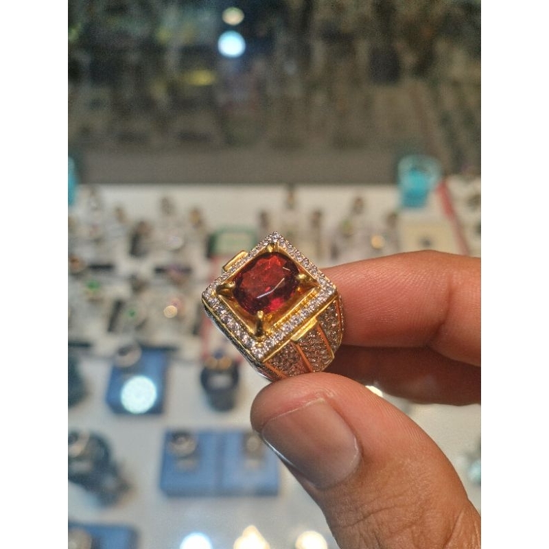 Cincin Pria Hessonite Garnet Dimensi 10,20 x 8,50 x 6 mm Ring Perak Semi Micro