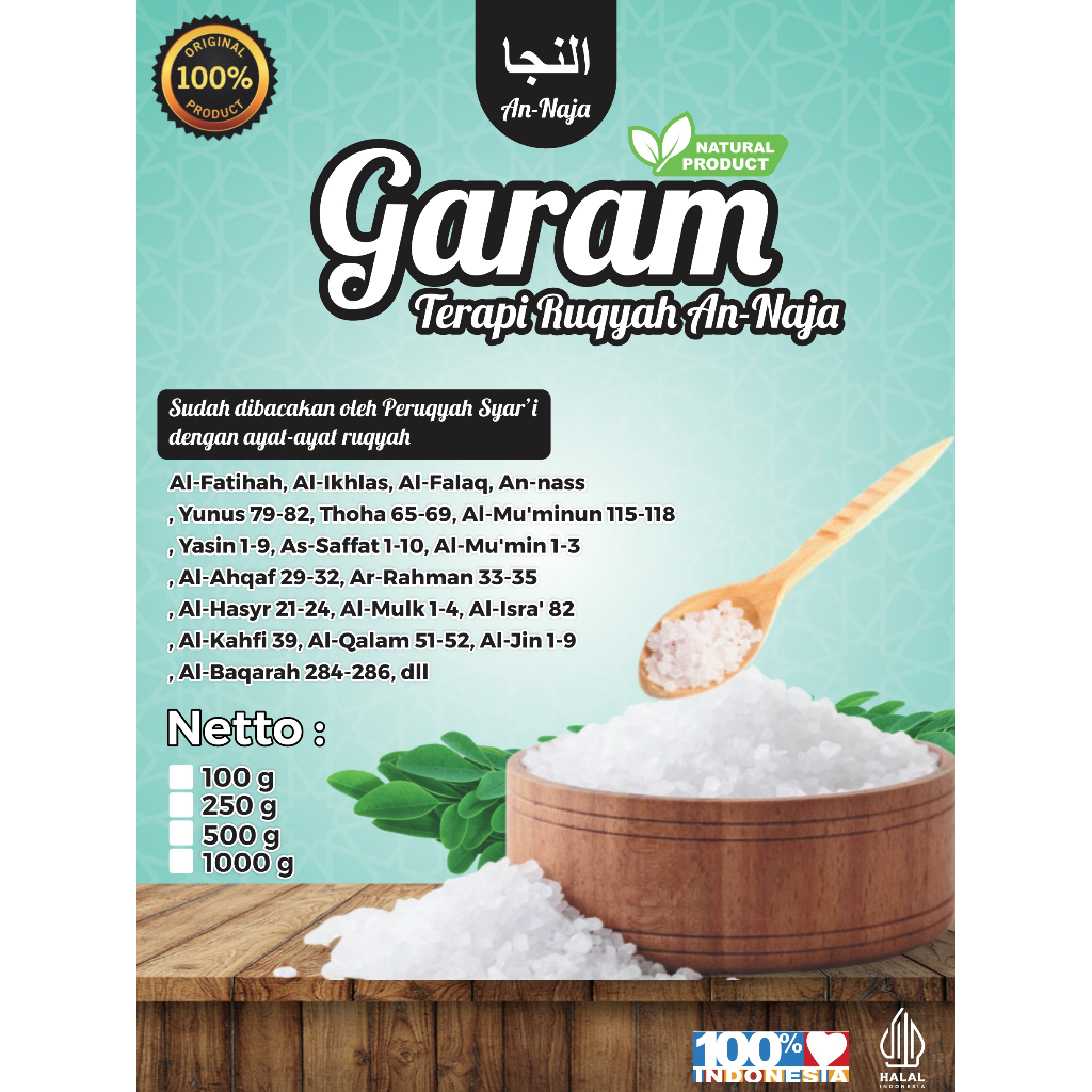 

garam ruqyah AnNaja 100gram pelaris rezeki rumah tangga tentram ada doa ulama insyaallah qobul hajat