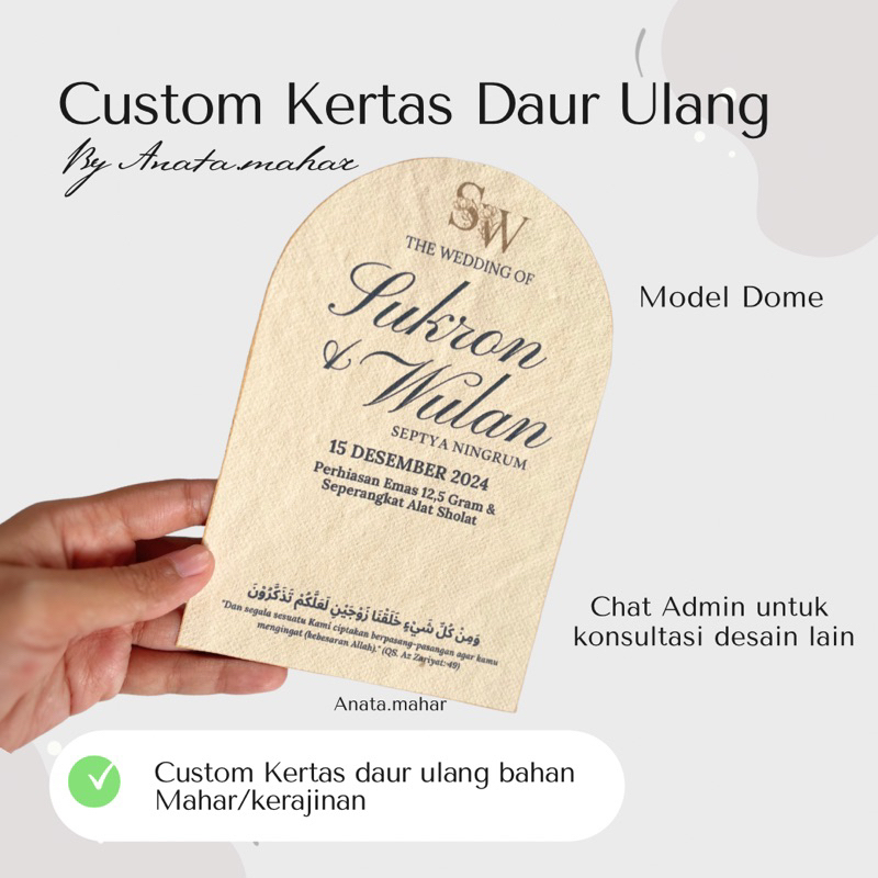 

custom print kertas daur ulang/ dome kertas daur ulang/ kubah kertas daur ulang print mahar