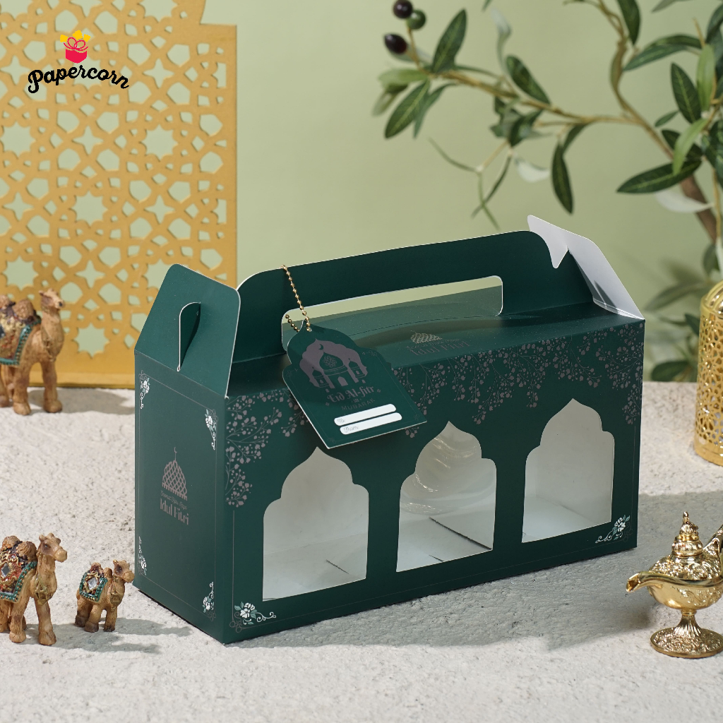 

10 Pcs Box hampers Idul Fitri Tenteng WINDOW 3 toples - Midnight green 28X10X13(tinggi total 19cm)