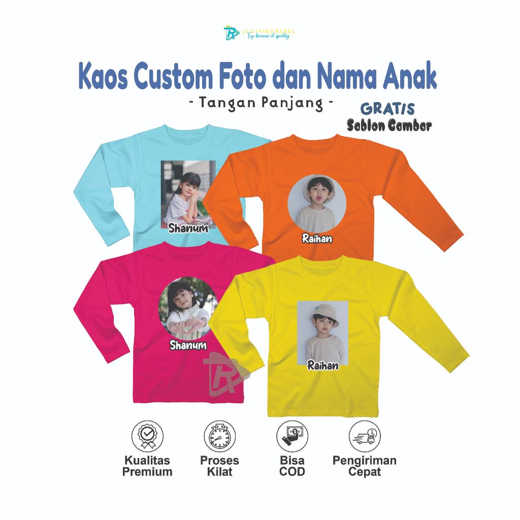 Kaos Foto Anak Custom Foto dan Nama Umur 3-12 Tahun Sablon DTF Tangan Panjang Cewek/Cowok