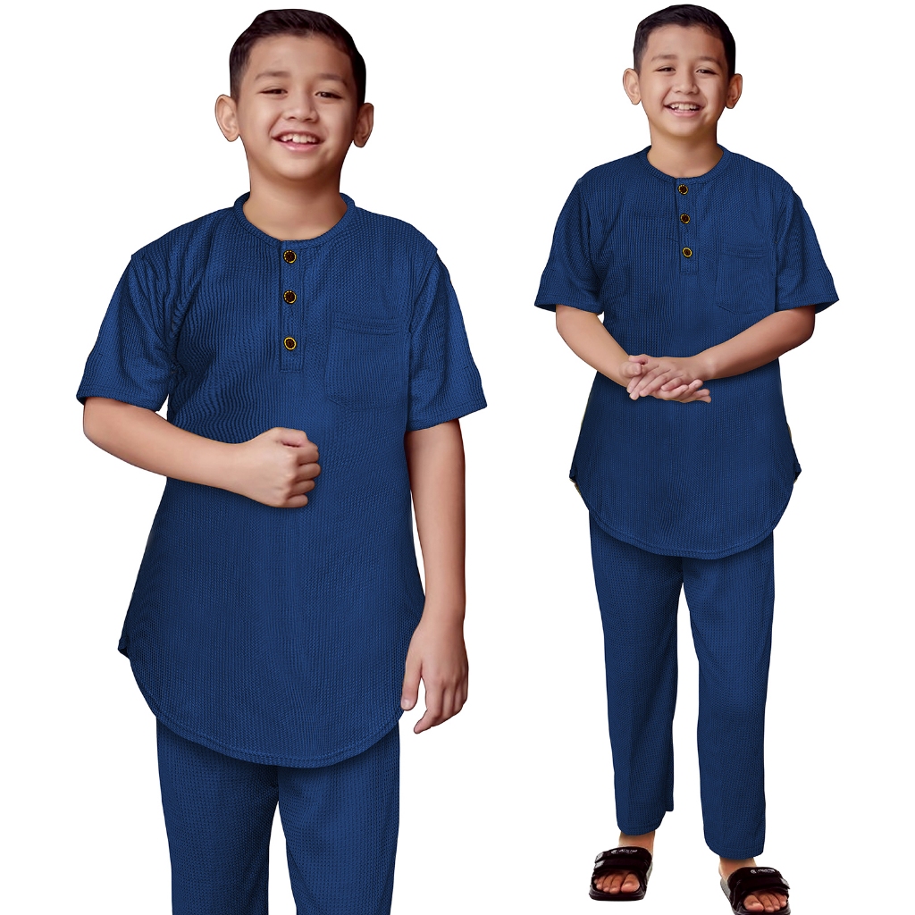 Setelan Koko Anak Bahan Waffle Uniqlo Baju Lebaran Lengan Pendek Anak-Anak 1-10 Tahun
