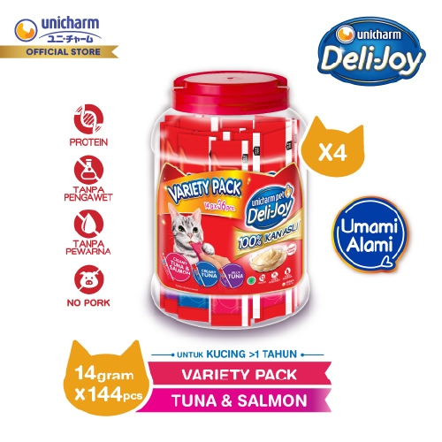 Deli-Joy Toples Variety Tuna & Salmon 14gr x 36 Snack Kucing - 4 Packs