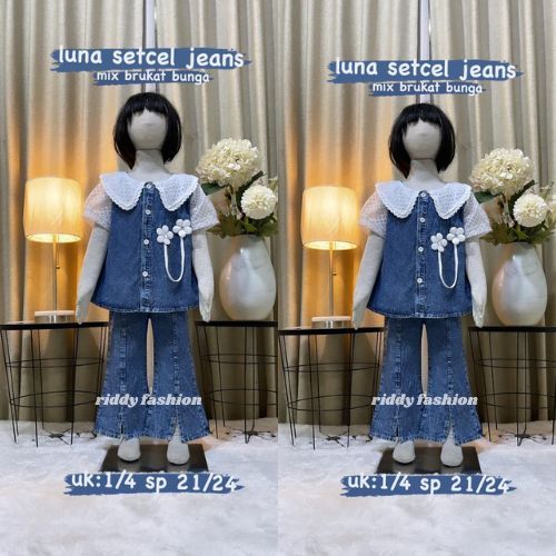 Setelan jeans luna krah brukat anak perempuan usia 3 -12 tahun / set denim mix bunga lengan brukat -