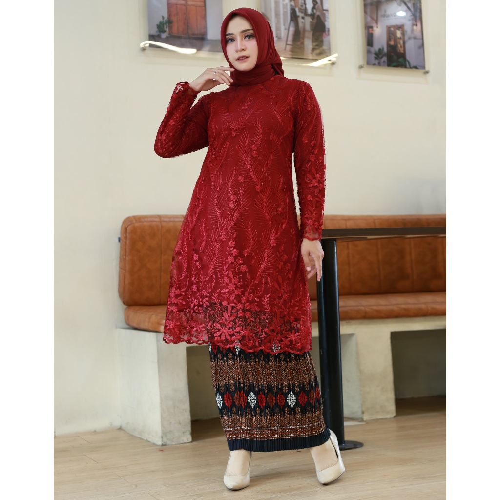 Kebaya Brokat Kondangan Warna Merah Maroon - Elegan Hijab Friendly Set Rok - Ukuran M L XL XXL