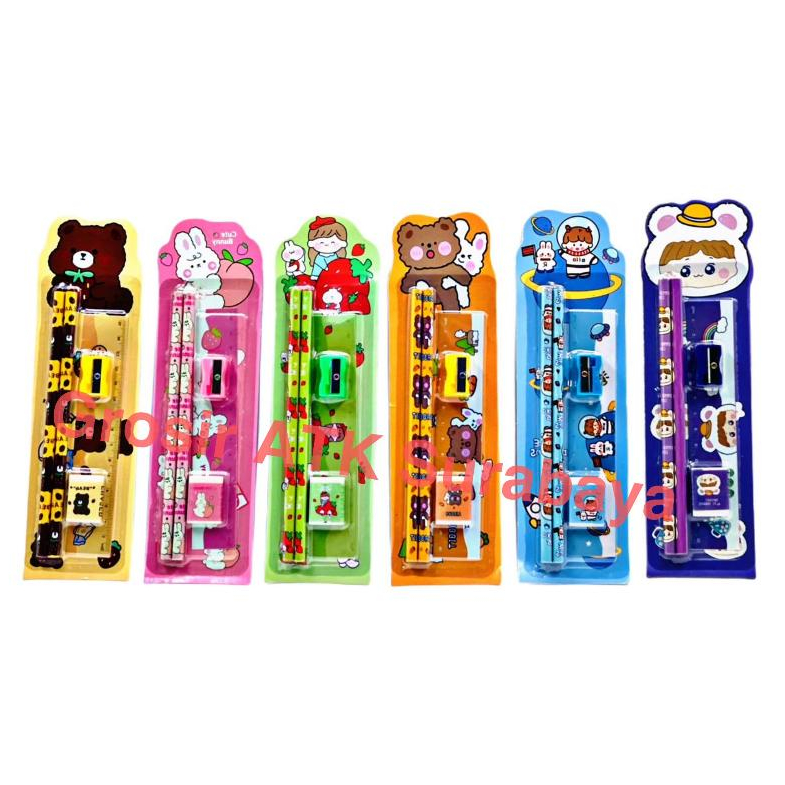 

( DAPAT 1 SET ) STATIONERY SET SQ-5116 / Study Set Paket Alat Tulis Sekolah 5 IN 1 Karakter Binatang Lucu