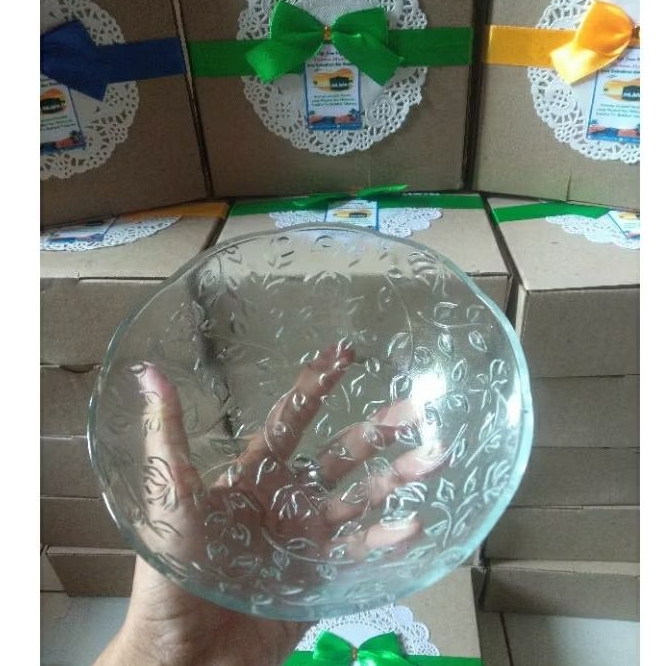MANGKOK KACA MOTIF DAUN / SOUVENIR MANGKOK DAUN FREE BOX DAN PITA HIAS