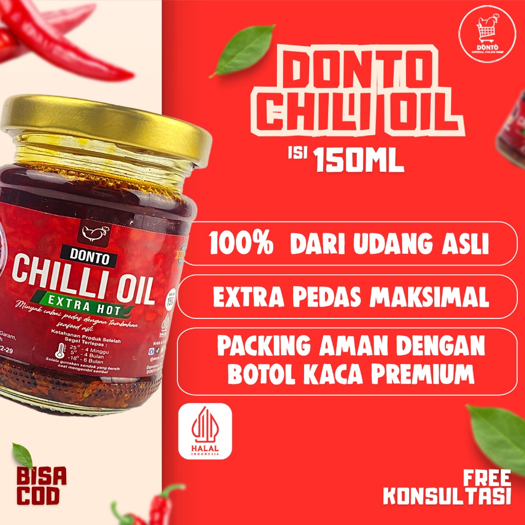 

Chilli Oil Halal Pedas Premium Ebi Minyak Cabe Kering Donto Bumbu Chili Oil 150 ml - Donto corp