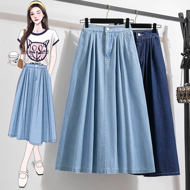 | kekinian factory | Rok Korean Style Jeans Wanita High Waist Biru melar rok jeans karet belakang Pa