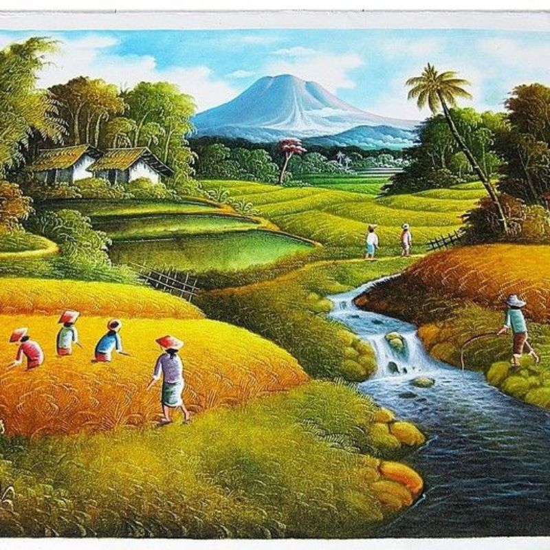 lukisan pemandangan alam gunung dan sawah hasil karya tangan bukan printing