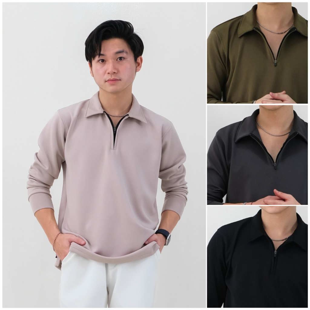 Kaos Polo Lengan Panjang Zipper Pria Scuba Polos