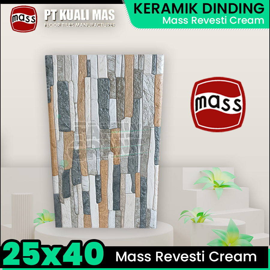 Keramik Dinding 25x40 Mass Revesti Cream Motif Batu Tekstur Kasar Emboss KW1