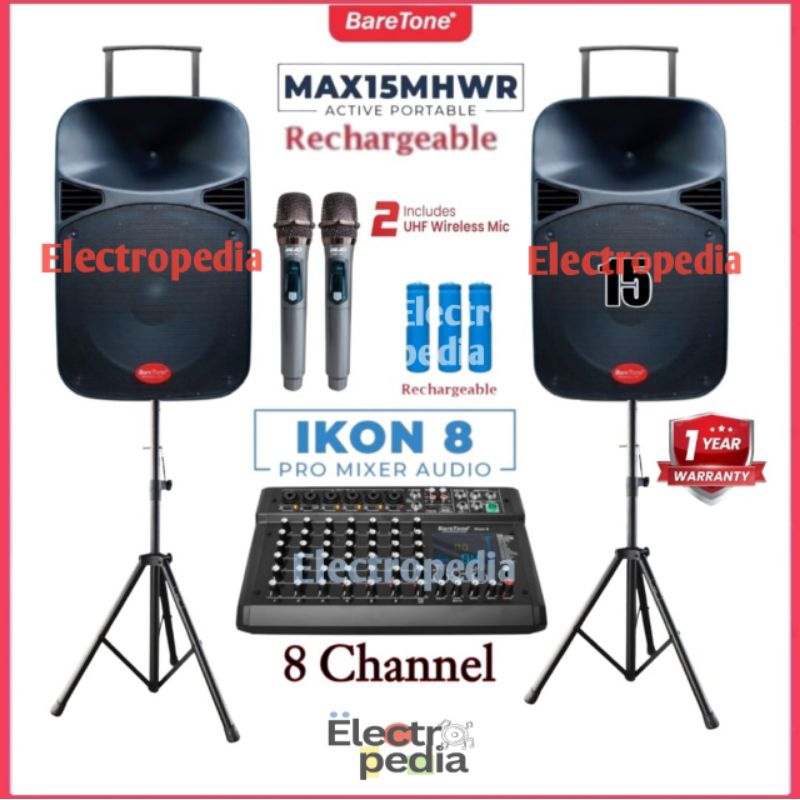 Paket Sound System Speaker Portable 15inch Baretone Max15MHWrR Mixer Baretone ikon 8 Mic Wireless vo