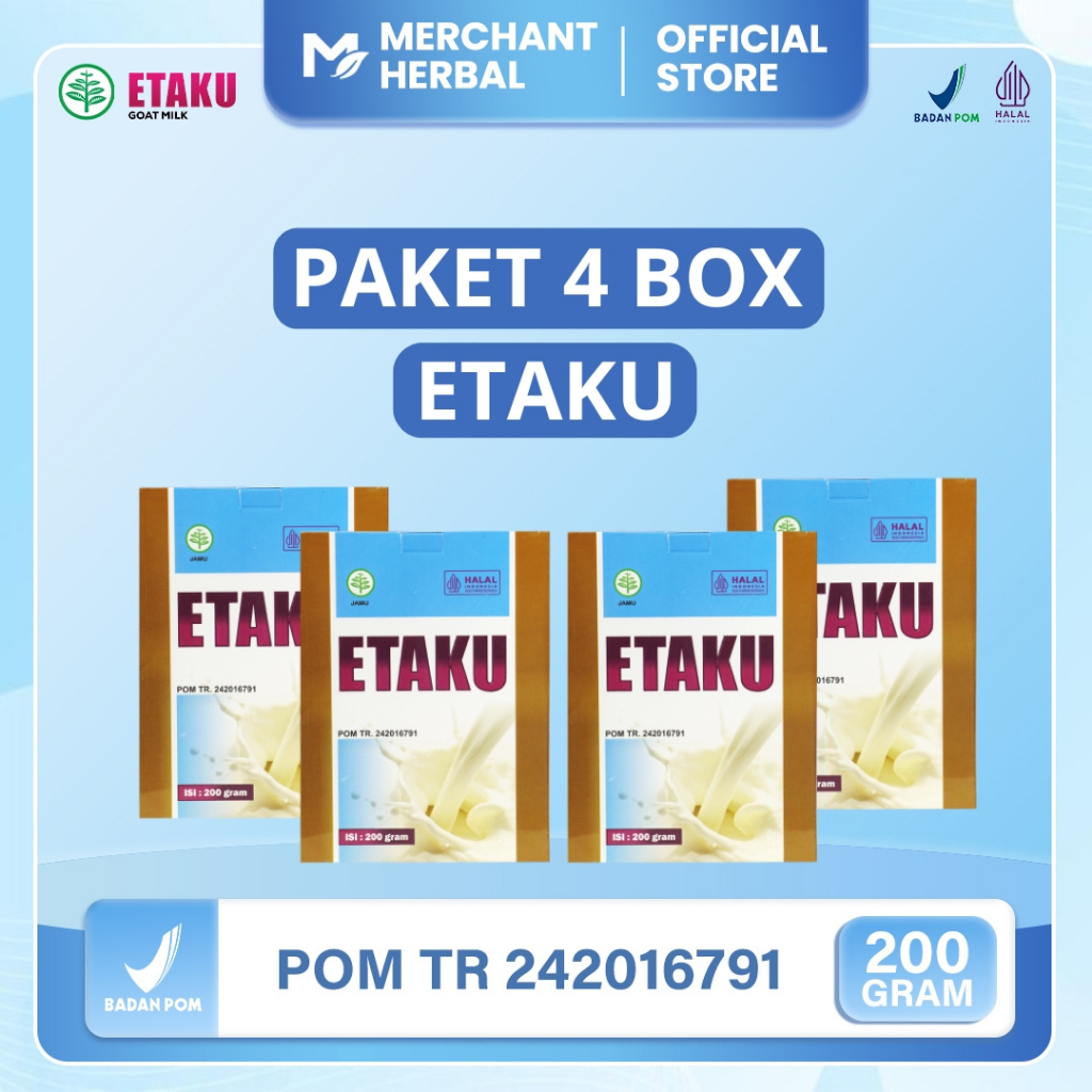 

Merchant Herbal - Paket 4 Box Etaku Goat Milk Susu Bubuk Kambing Etawa Murni Sudah Bpom & Halal Mui - Isi 800 Gram