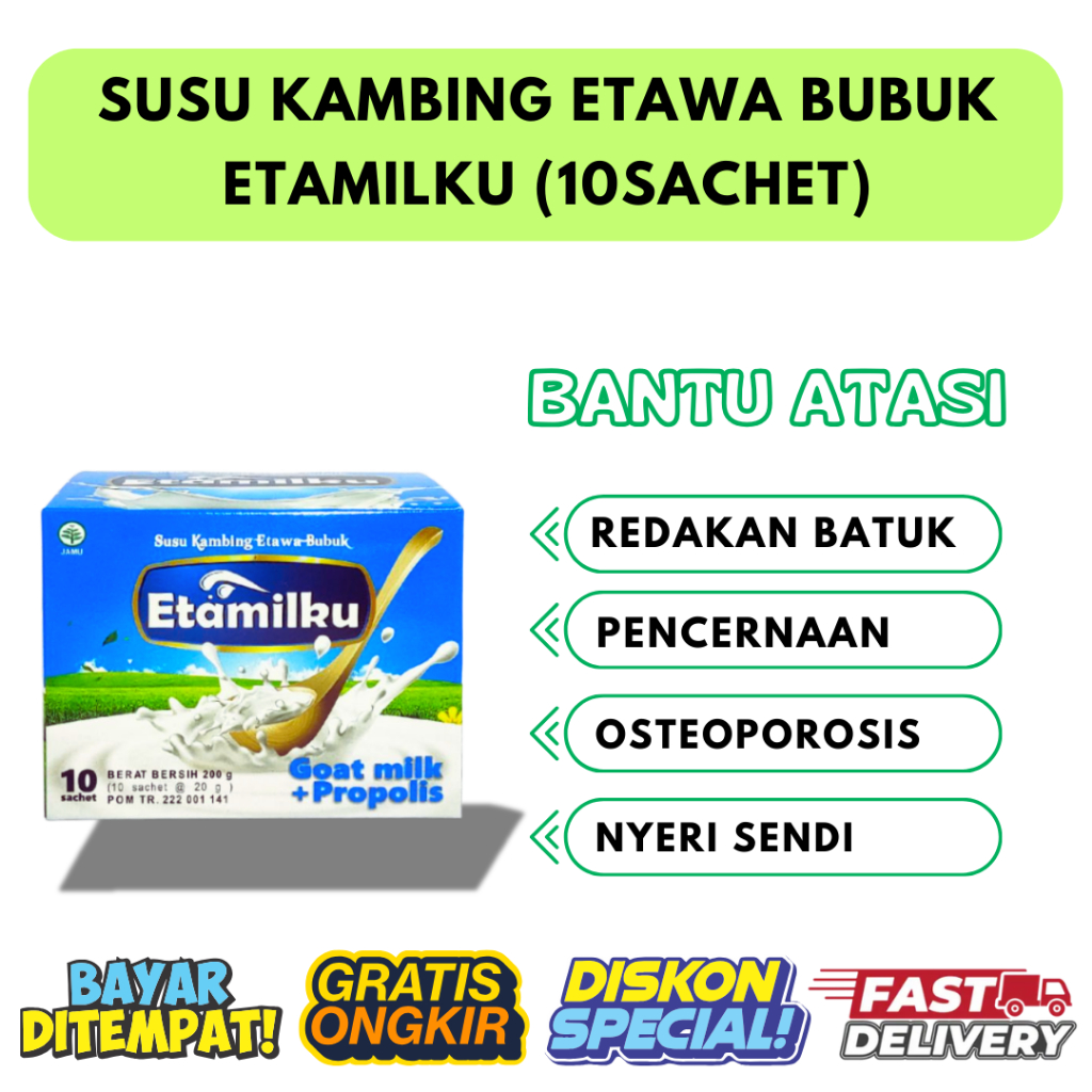 

ETAMILKU 10 Sachet - Susu Kambing Etawa Bubuk Plus Propolis isi 200gr-Atasi Nyeri Sendi, Sesak Nafas