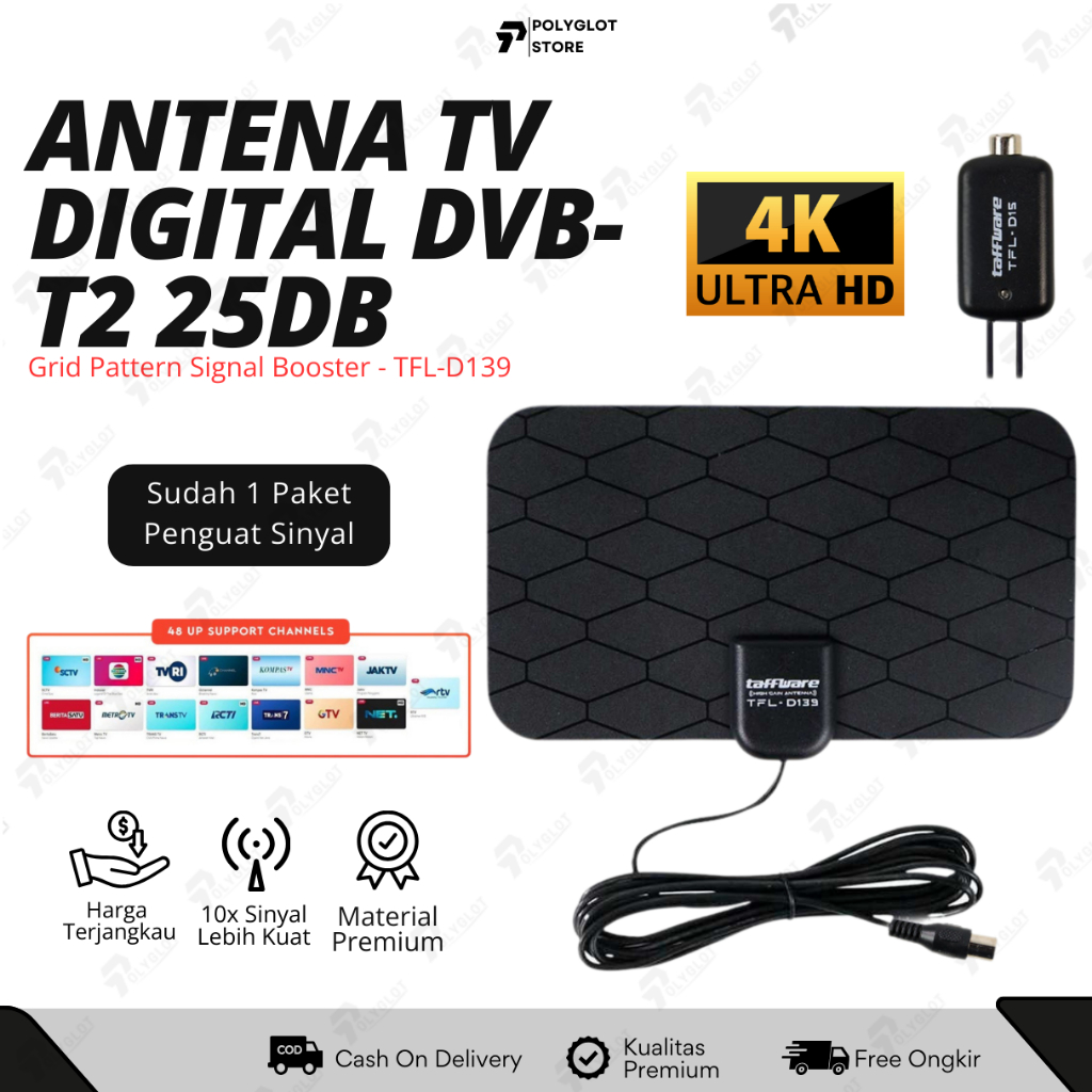 TaffWare Antena TV Digital + Booster D139 Signal 4K Smart Android Anten FullHD Analog Tabung Set Top