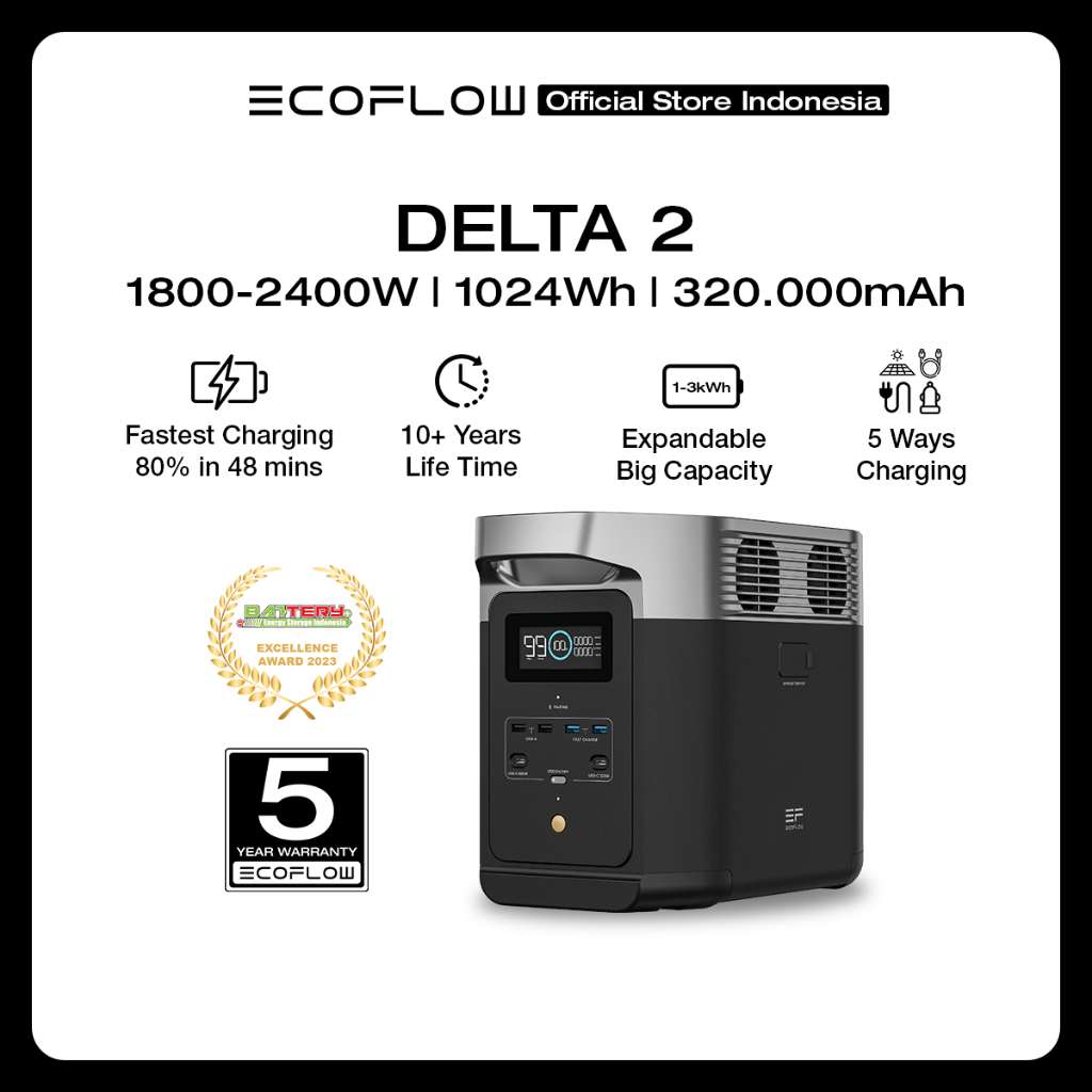 EcoFlow DELTA 2 1024Wh 1800W-2200W Power Station Solar Generator LFP Camping - Genset Listrik Portab