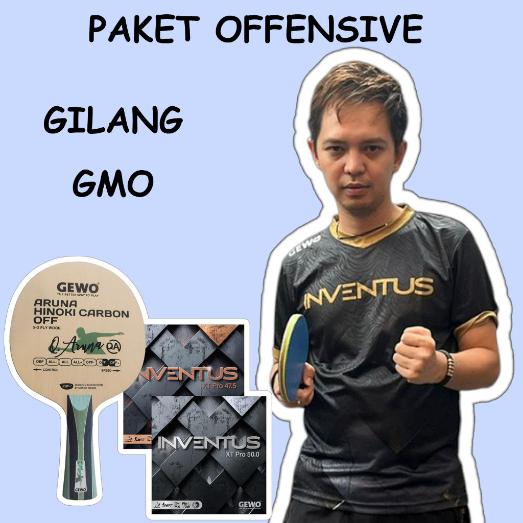 Paket Gilang GMO Offensive GEWO Aruna Hinoki Carbon OFF - Set Rakitan Gewo Inventus XT Pro 50 & Gewo