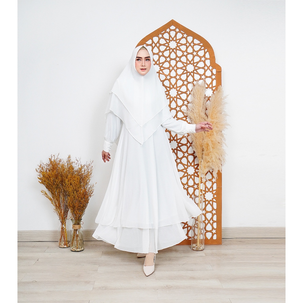 Dress Gamis Syar'i Set Khimar Bahan Ceruti Warna Putih Busana Perlengkapan Haji & Umroh