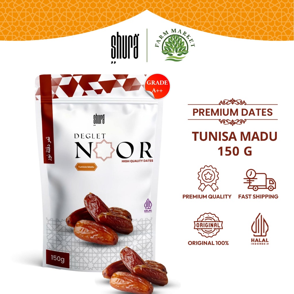 

Shura Kurma Tunisia 150gr Deglet Noor Kemasan Pouch Premium Original High Quality