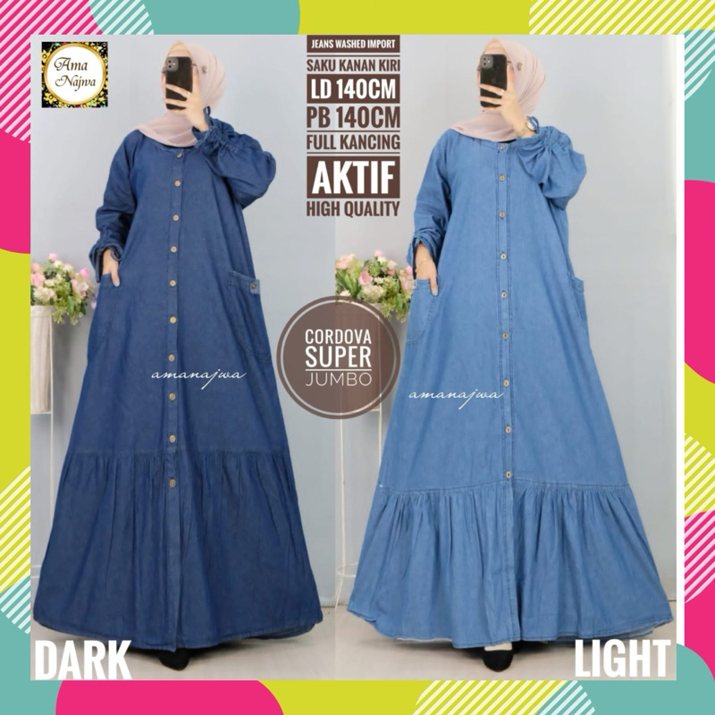 [ Bisa COD ] Gamis Wanita Jumbo Dress Big Size Fashion Muslim Wanita Dress Jeans Ld 140