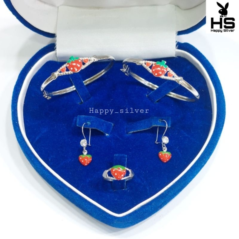 Set Perhiasan Anak Perak Asli Silver 925 Lapis Emas Putih Model Strawberry Cat - Gelang Cincin Antin