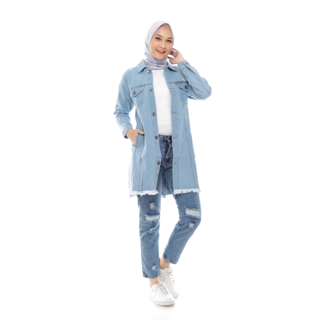 Jaket jeans Long Hijab, Jaket jeans hijab wanita original100%