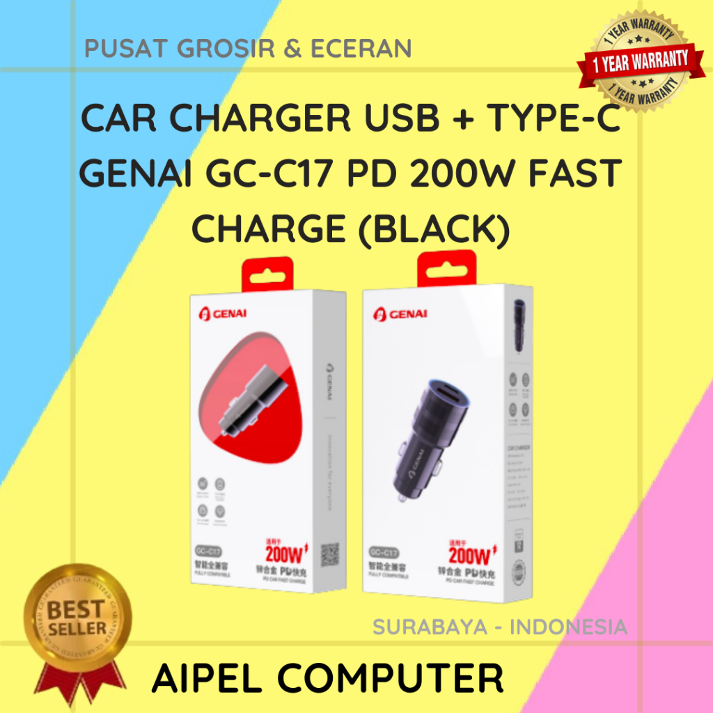 GCC17 | Car Charger USB + Type-C GENAI GC-C17 PD 200W Fast Charge (Black)