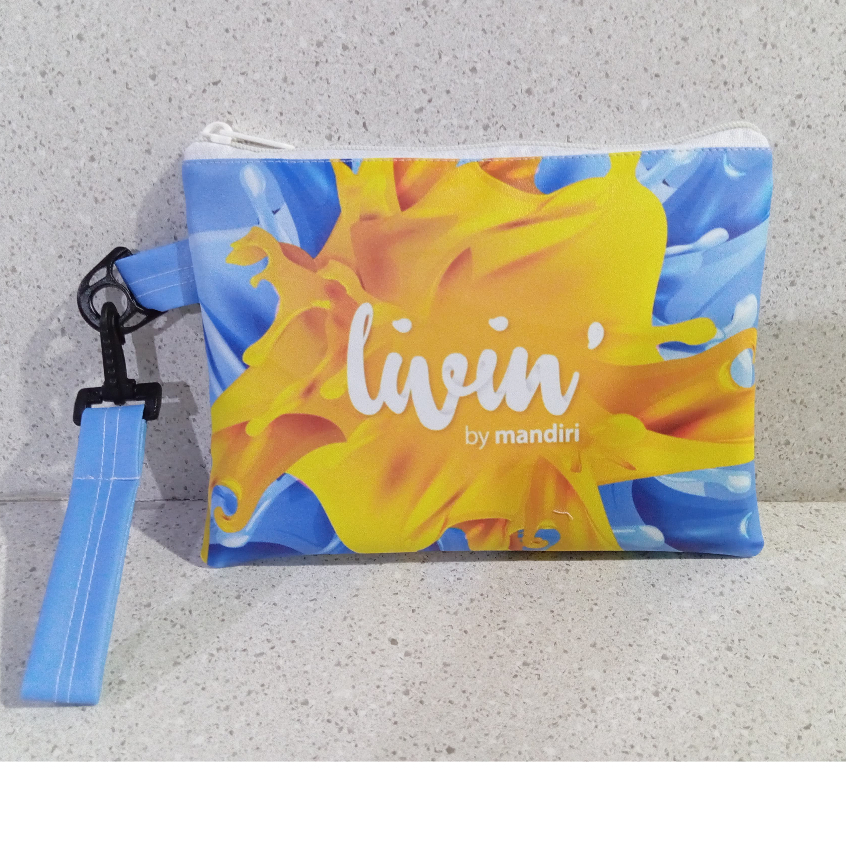 Cetak Clutch,Pouch,Bantal Motif Livin By Mandiri/Cetak Souvenir Custom Full Printing