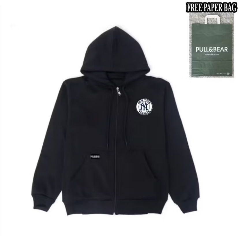 {FREE PAPER BAG} HOODIE ZIPPER HITAM PULL AND BEAR New York Yankees / NY BASIC PRIA - WANITA PREMIUM