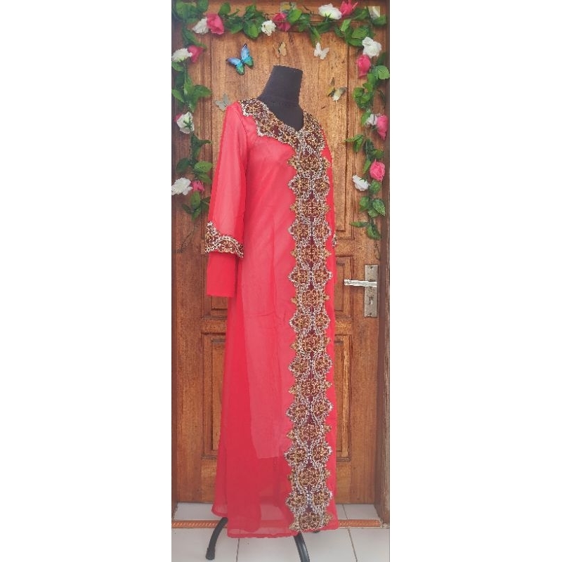 gamis kaftan merah bordir sifon ld 100 cm