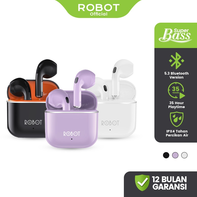 ROBOT Earphone Wireless Earbud TWS Bluetooth Headset Tahan Air Keringat BT 5.3 T50S Waterproof IPX4 