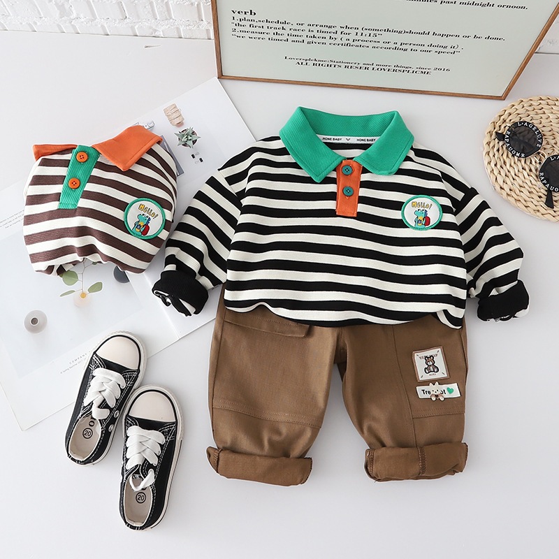 Setelan Anak Laki Laki Baju Set Kaos Lengan Panjang Kerah Polo motif Garis dan Celana Panjang VASCO