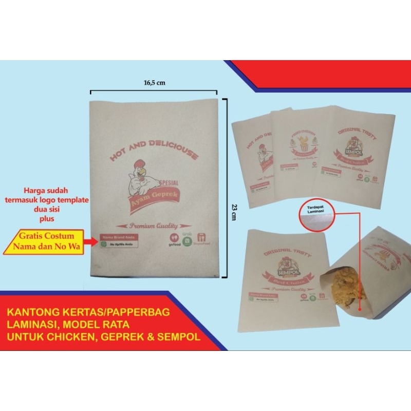 

KANTONG KERTAS / PAPPERBAG COKLAT LAMINASI MODEL RATA UNTUK CHICKEN, GEPREK DAN SEMPOL TAHAN MINYAK DAN PANAS
