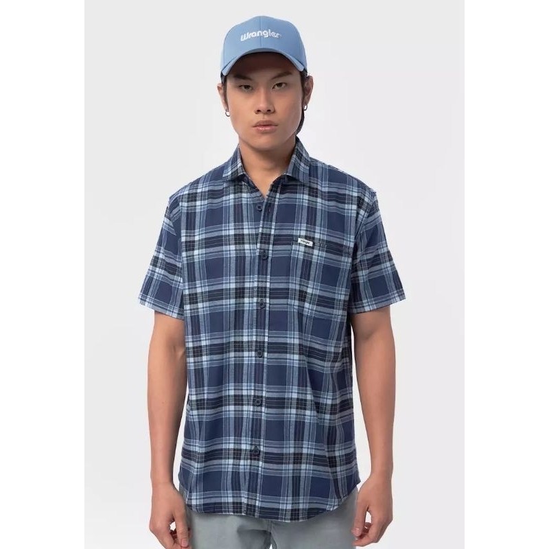 Kemeja Flanel Wrangler Pria Lengan Pendek Motif Kotak Biru Original Hem Flanel Cowok Tangan Pendek O