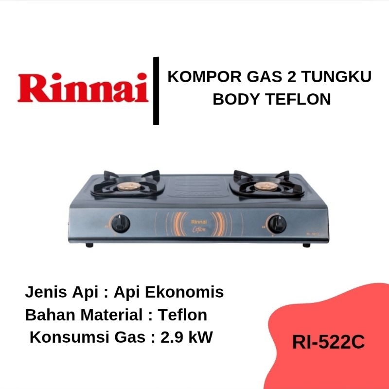 RINNAI KOMPOR GAS 2 TUNGKU TEFLON RI-522C / Kompor Gas Rinnai RI-522 C 2 Tungku Material Teflon