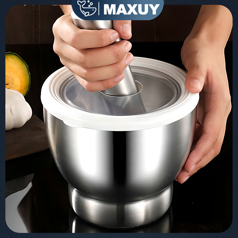 Cobek Stainless / ulekan Stainless / Tumbukan Bumbu Dapur Dengan Tutup/Mortar Pestle Tumbukan Bumbu 