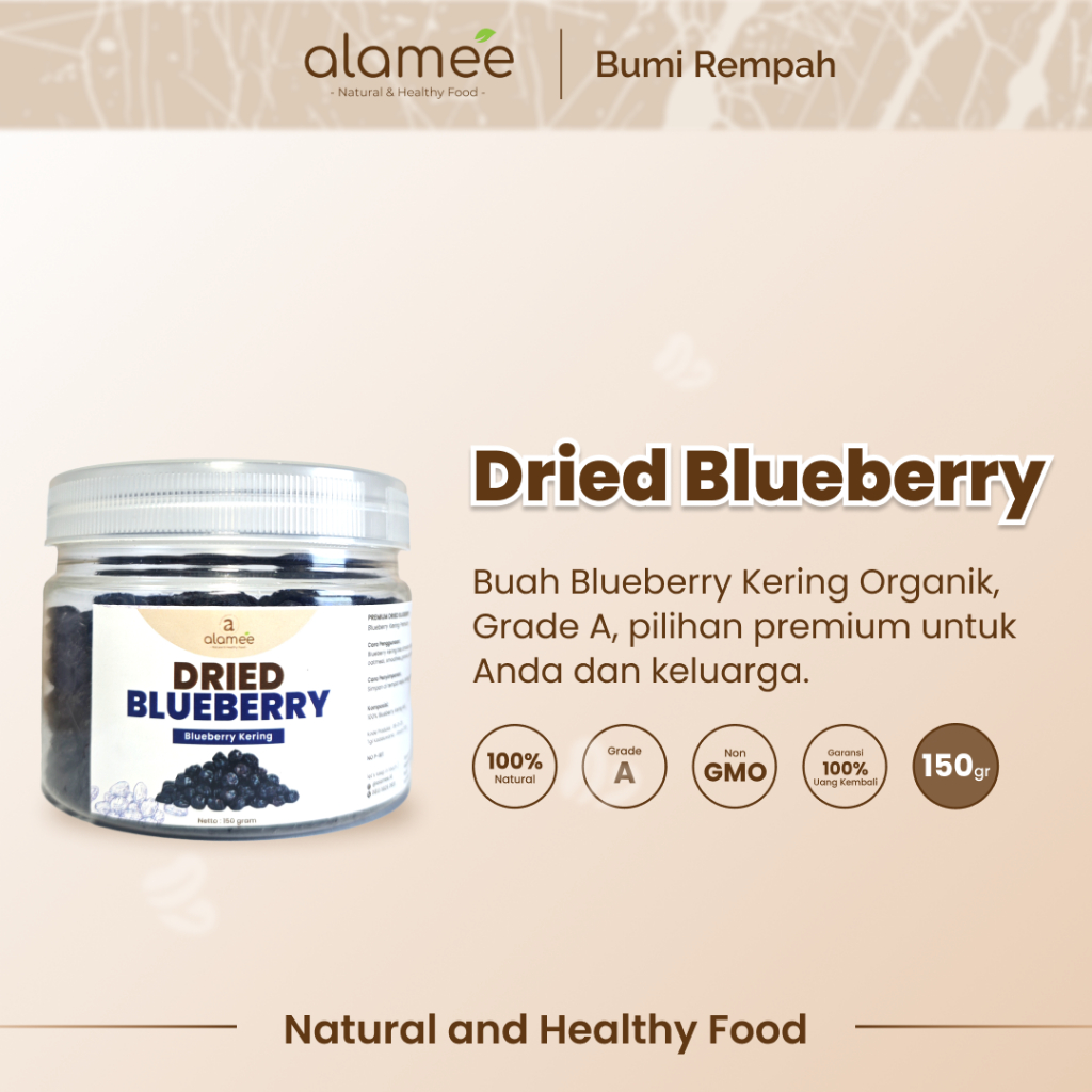 

ALAMEE Blueberry Kering Cemilan Buah Sehat Dried Fruit Blueberry Cemilan Rendah Kalori 150gr