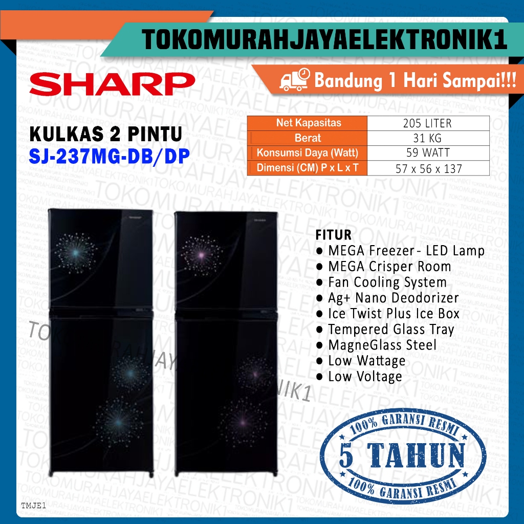 Kulkas Sharp 2 Pintu 205 Liter SJ-237-MG DB/DP Shine Series Garansi Resmi