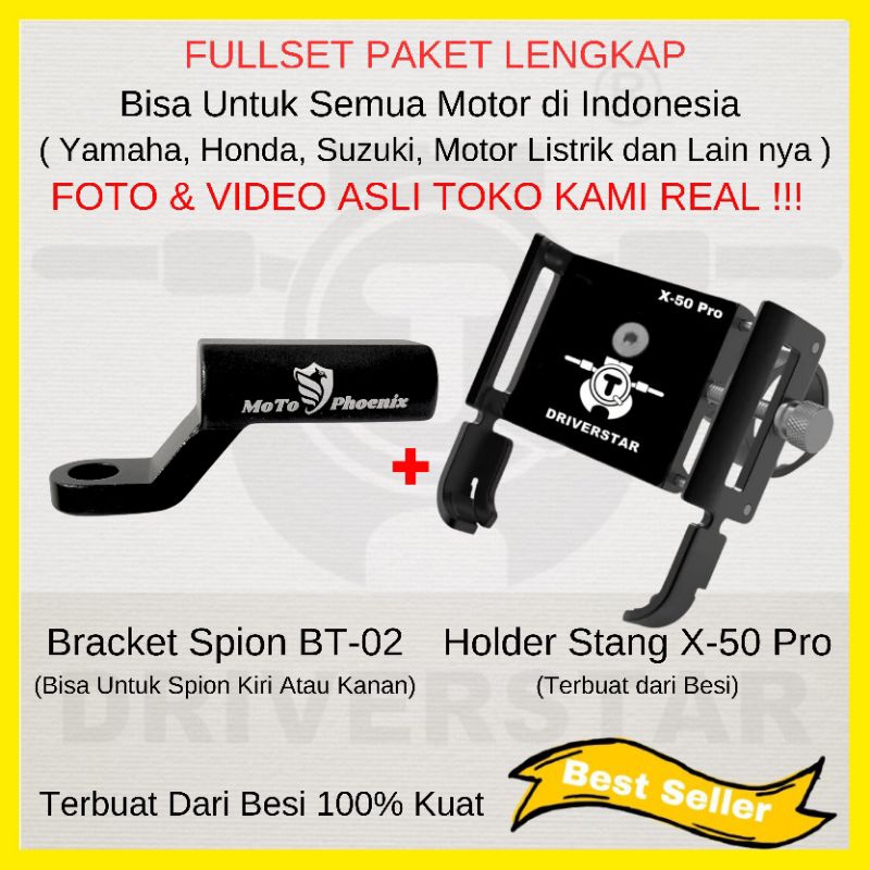 ( FULLSET ) Holder Stang Motor Driverstar X-50 Pro + Bracket Spion Penyangga Holder BT-02
