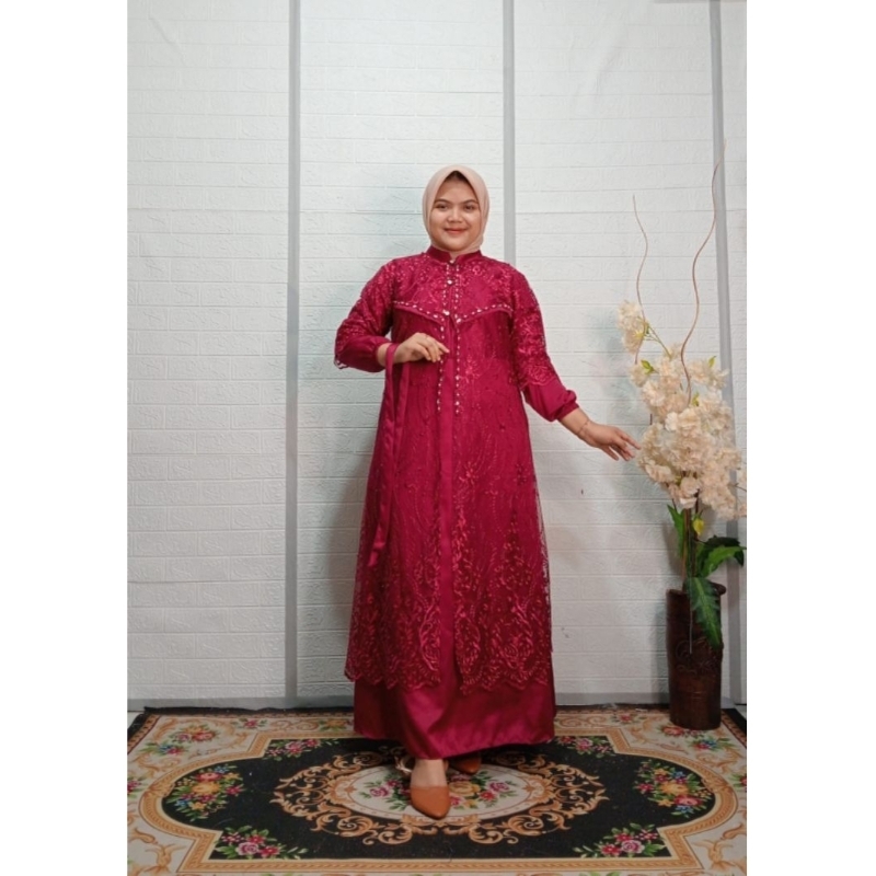 gamis dress+outer brukat tile with velvet dengan aksen payet mutiara