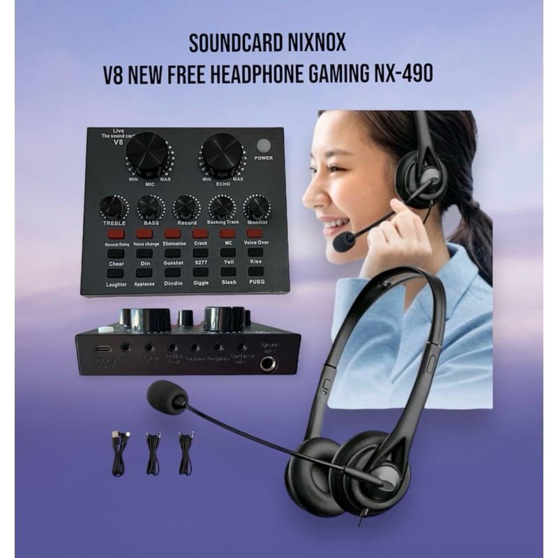 Paket Lengkap V8+S490 Set Sound Card Alat Live Streaming Plus Headphone