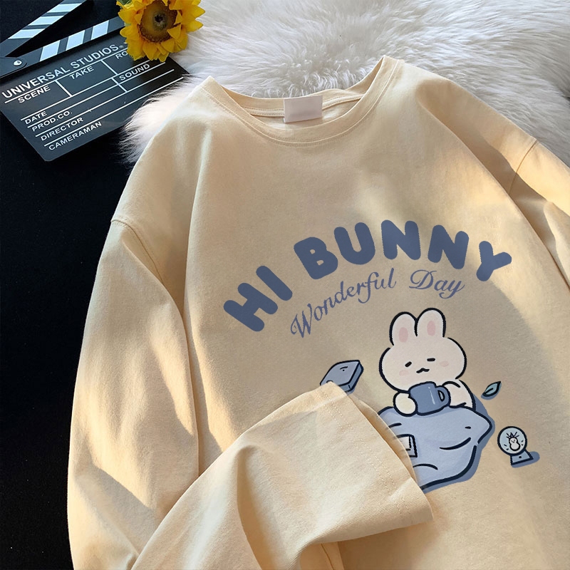 Forteid atasan kaos wanita oversize lengan panjang korean style / Cetakan huruf kelinci biru yang lu