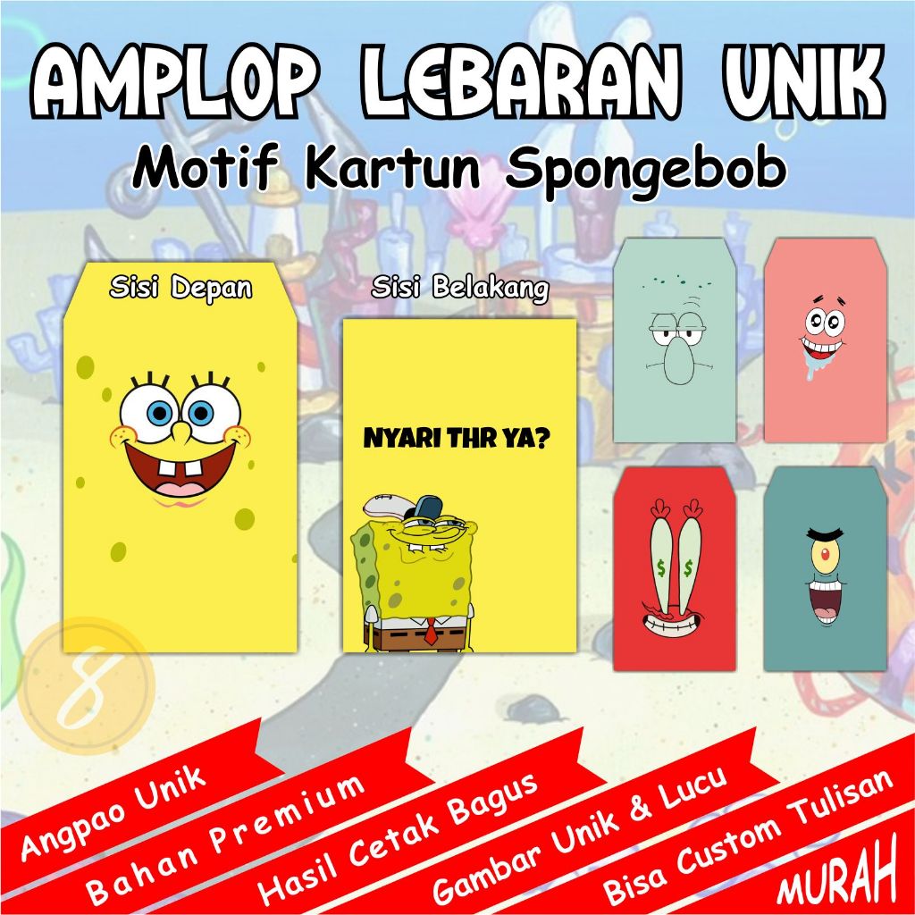 

Angpao Spongebob Squarepants / Amplop Lebaran UNIK Motif Kartun Sponge Bob Anime Spons Bikini Bottom