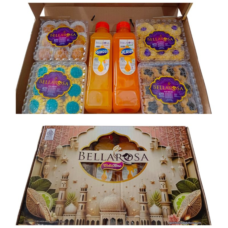 

Paket bellarosa bellatime sirup. Nastar . Semprit susu . Putri salju pandan . Putri pita . Sirup rasa mangga 380ml . Sirup rasa jeruk 380ml Dimensi 330×240×60mm Berat 1.400gr