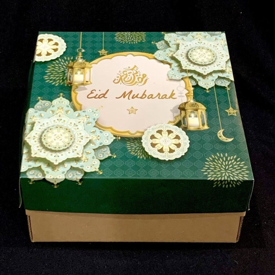 

box eflute dus bolo brownies cake idul fitri motif lentera hijau tua ukuran 20x20x10cm