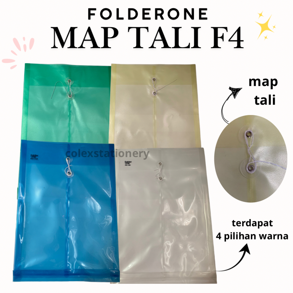 

[5 PC] Map Tali Plastik Document / Document Bag Ukuran F4 25.5cm x 37.5cm Transparant 4 Warna Folderone